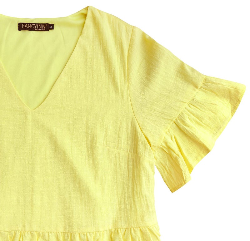 FANCYINN Women Ruffle Shift Dress with Pockets Bell Sleeve V Neck Loose Swing Tunic Mini Dress for Summer Light Yellow S - Image 5